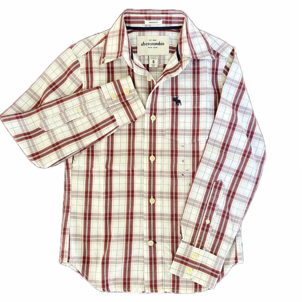 Abercrombie‎ & Fitch Boys Button Down Long Sleeve Plaid White Red Shirt Sz S NWT